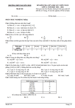 đề giữa học kỳ 1 toán 11 năm 2023 – 2024 trường thpt nguyễn trãi – thanh hoá