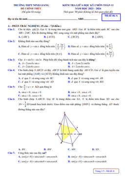 đề giữa học kỳ 1 toán 11 năm 2023 – 2024 trường thpt ninh giang – hải dương
