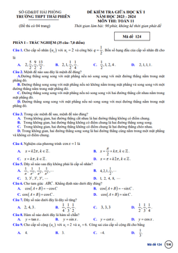 đề giữa học kỳ 1 toán 11 năm 2023 – 2024 trường thpt thái phiên – hải phòng