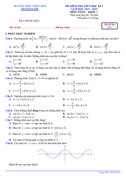 đề giữa học kỳ 1 toán 11 năm 2023 – 2024 trường thpt thiệu hóa – thanh hóa