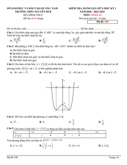 đề giữa học kỳ 1 toán 12 năm 2022 – 2023 trường thpt nguyễn huệ – quảng nam