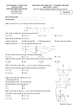 đề giữa học kỳ 1 toán 12 năm 2022 – 2023 trường thpt núi thành – quảng nam