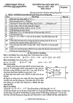đề giữa học kỳ 1 toán 6 năm 2022 – 2023 trường thcs kim đồng – hòa bình