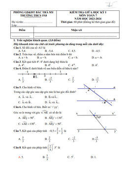 đề giữa học kỳ 1 toán 7 năm 2023 – 2024 trường thcs 19.8 – quảng nam
