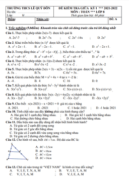 đề giữa học kỳ 1 toán 8 năm 2021 – 2022 trường thcs lê quý đôn – quảng nam