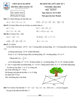 đề giữa học kỳ 1 toán 8 năm 2022 – 2023 trường thcs giảng võ – hà nội