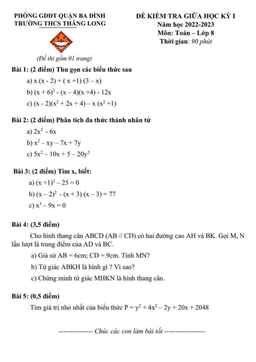 đề giữa học kỳ 1 toán 8 năm 2022 – 2023 trường thcs thăng long – hà nội