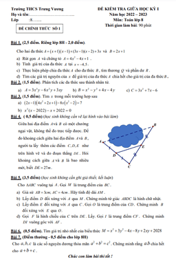 đề giữa học kỳ 1 toán 8 năm 2022 – 2023 trường thcs trưng vương – hà nội
