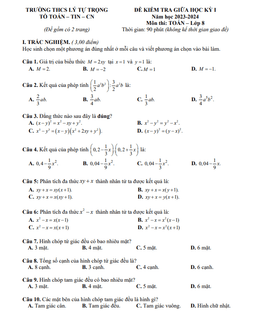 đề giữa học kỳ 1 toán 8 năm 2023 – 2024 trường thcs lý tự trọng – phú yên