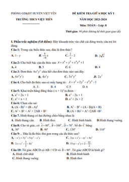 đề giữa học kỳ 1 toán 8 năm 2023 – 2024 trường thcs việt tiến – bắc giang