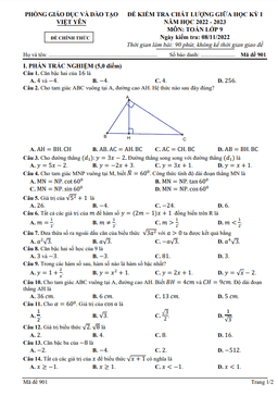 đề giữa học kỳ 1 toán 9 năm 2022 – 2023 phòng gd&đt việt yên – bắc giang