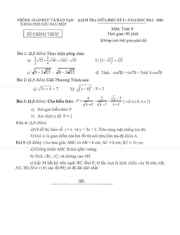 đề giữa học kỳ 1 toán 9 năm 2023 – 2024 phòng gd&đt thủ dầu một – bình dương
