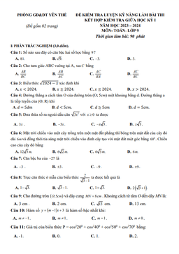 đề giữa học kỳ 1 toán 9 năm 2023 – 2024 phòng gd&đt yên thế – bắc giang