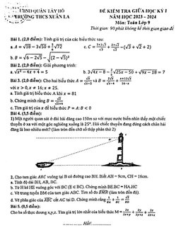 đề giữa học kỳ 1 toán 9 năm 2023 – 2024 trường thcs xuân la – hà nội