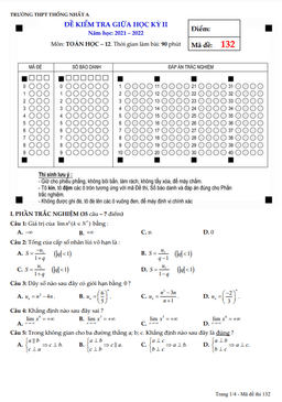 đề giữa học kỳ 2 toán 11 năm 2021 – 2022 trường thpt thống nhất a – đồng nai