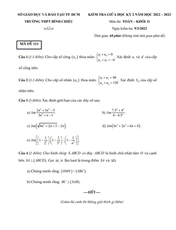 đề giữa học kỳ 2 toán 11 năm 2022 – 2023 trường thpt bình chiểu – tp hcm