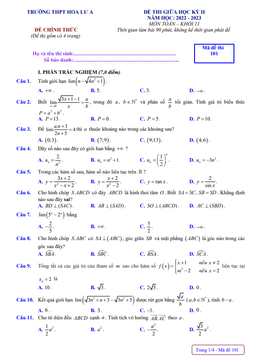 đề giữa học kỳ 2 toán 11 năm 2022 – 2023 trường thpt hoa lư a – ninh bình
