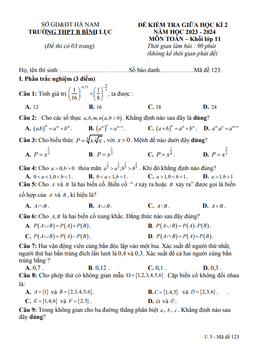 đề giữa học kỳ 2 toán 11 năm 2023 – 2024 trường thpt b bình lục – hà nam