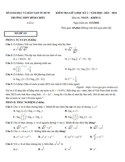 đề giữa học kỳ 2 toán 11 năm 2023 – 2024 trường thpt bình chiểu – tp hcm