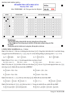 đề giữa học kỳ 2 toán 12 năm 2021 – 2022 trường thpt thống nhất a – đồng nai