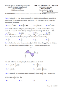 đề giữa học kỳ 2 toán 12 năm 2022 – 2023 trường thpt nguyễn huệ – quảng nam