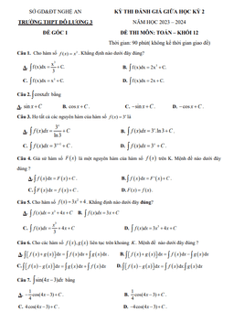 đề giữa học kỳ 2 toán 12 năm 2023 – 2024 trường thpt đô lương 3 – nghệ an