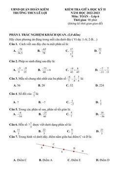 đề giữa học kỳ 2 toán 6 năm 2022 – 2023 trường thcs lê lợi – hà nội