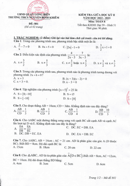 đề giữa học kỳ 2 toán 8 năm 2022 – 2023 trường thcs nguyễn bỉnh khiêm – hà nội