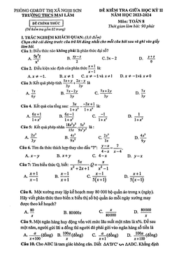 đề giữa học kỳ 2 toán 8 năm 2023 – 2024 trường thcs mai lâm – thanh hóa