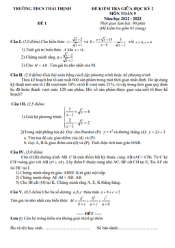 đề giữa học kỳ 2 toán 9 năm 2022 – 2023 trường thcs thái thịnh – hà nội