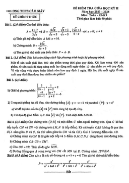 đề giữa học kỳ 2 toán 9 năm 2023 – 2024 trường thcs cầu giấy – hà nội