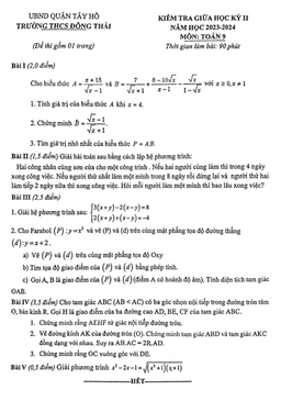 đề giữa học kỳ 2 toán 9 năm 2023 – 2024 trường thcs đông thái – hà nội