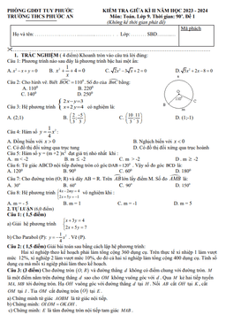 đề giữa học kỳ 2 toán 9 năm 2023 – 2024 trường thcs phước an – bình định