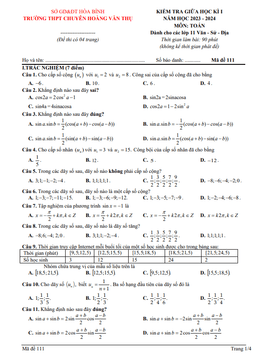 đề giữa kì 1 toán 11 năm 2023 – 2024 trường chuyên hoàng văn thụ – hòa bình