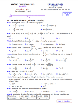 đề giữa kì 1 toán 11 năm 2023 – 2024 trường thpt nguyễn huệ – tt huế