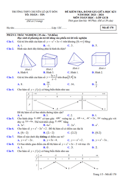 đề giữa kì 1 toán 12 cb năm 2023 – 2024 trường chuyên lê quý đôn – điện biên