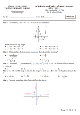 đề giữa kì 1 toán 12 năm 2021 – 2022 trường thpt đoàn thượng – hải dương