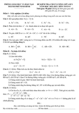 đề giữa kì 1 toán 8 năm 2022 – 2023 phòng gd&đt thành phố ninh bình
