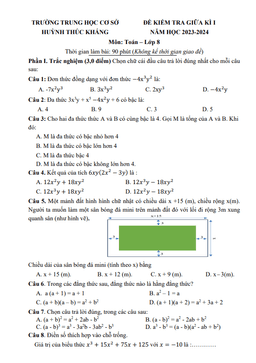 đề giữa kì 1 toán 8 năm 2023 – 2024 trường thcs huỳnh thúc kháng – đà nẵng