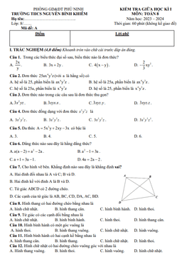đề giữa kì 1 toán 8 năm 2023 – 2024 trường thcs nguyễn bỉnh khiêm – quảng nam