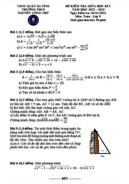 đề giữa kì 1 toán 9 năm 2022 – 2023 trường thcs nguyễn công trứ – hà nội