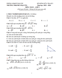 đề giữa kì 1 toán 9 năm 2023 – 2024 trường th&thcs đại tân – quảng nam