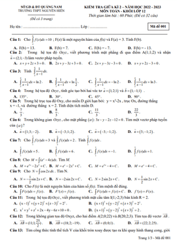 đề giữa kì 2 toán 12 năm 2022 – 2023 trường thpt nguyễn hiền – quảng nam