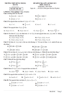 đề giữa kì 2 toán 12 năm 2023 – 2024 trường thpt hùng thắng – hải phòng