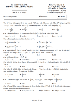 đề giữa kì 2 toán 12 năm 2023 – 2024 trường thpt lê hồng phong – đắk lắk