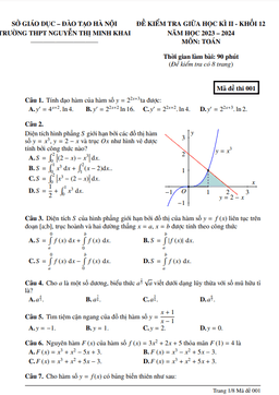 đề giữa kì 2 toán 12 năm 2023 – 2024 trường thpt nguyễn thị minh khai – hà nội