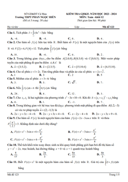 đề giữa kì 2 toán 12 năm 2023 – 2024 trường thpt phan ngọc hiển – cà mau