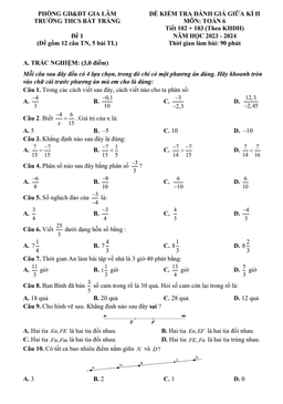 đề giữa kì 2 toán 6 năm 2023 – 2024 trường thcs bát tràng – hà nội