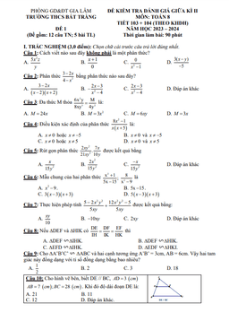 đề giữa kì 2 toán 8 năm 2023 – 2024 trường thcs bát tràng – hà nội