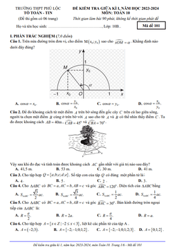 đề giữa kỳ 1 toán 10 năm 2023 – 2024 trường thpt phú lộc – tt huế